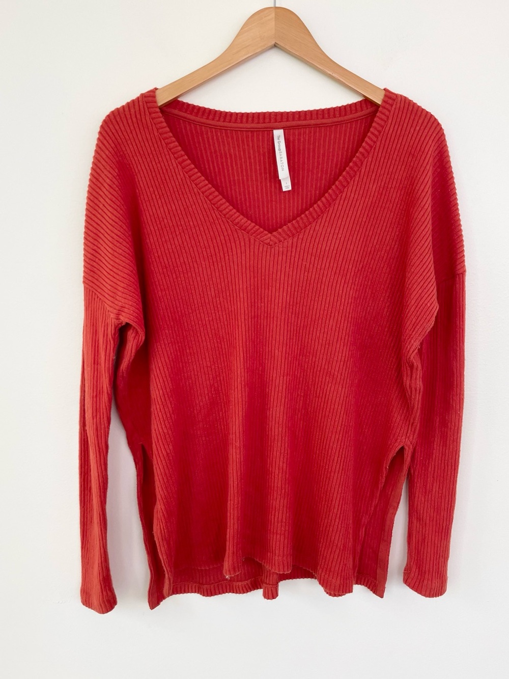Aritzia The Group Babaton Vneck Long Sleeve Ribbed Texture Top L Large Brick Red